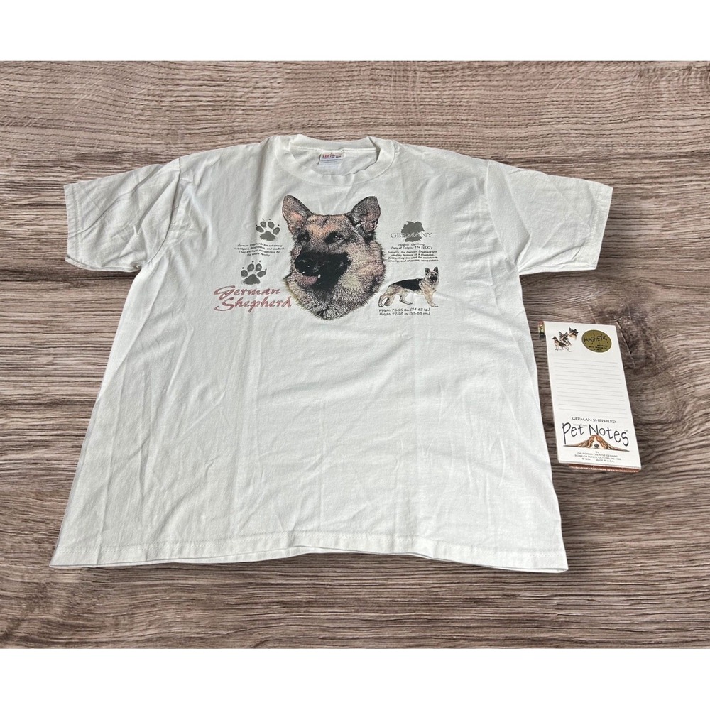 German Shepherd Dog T-Shirt Mens L Hanes 50/50 Vintage 90s Cotton Tee & Notepad
